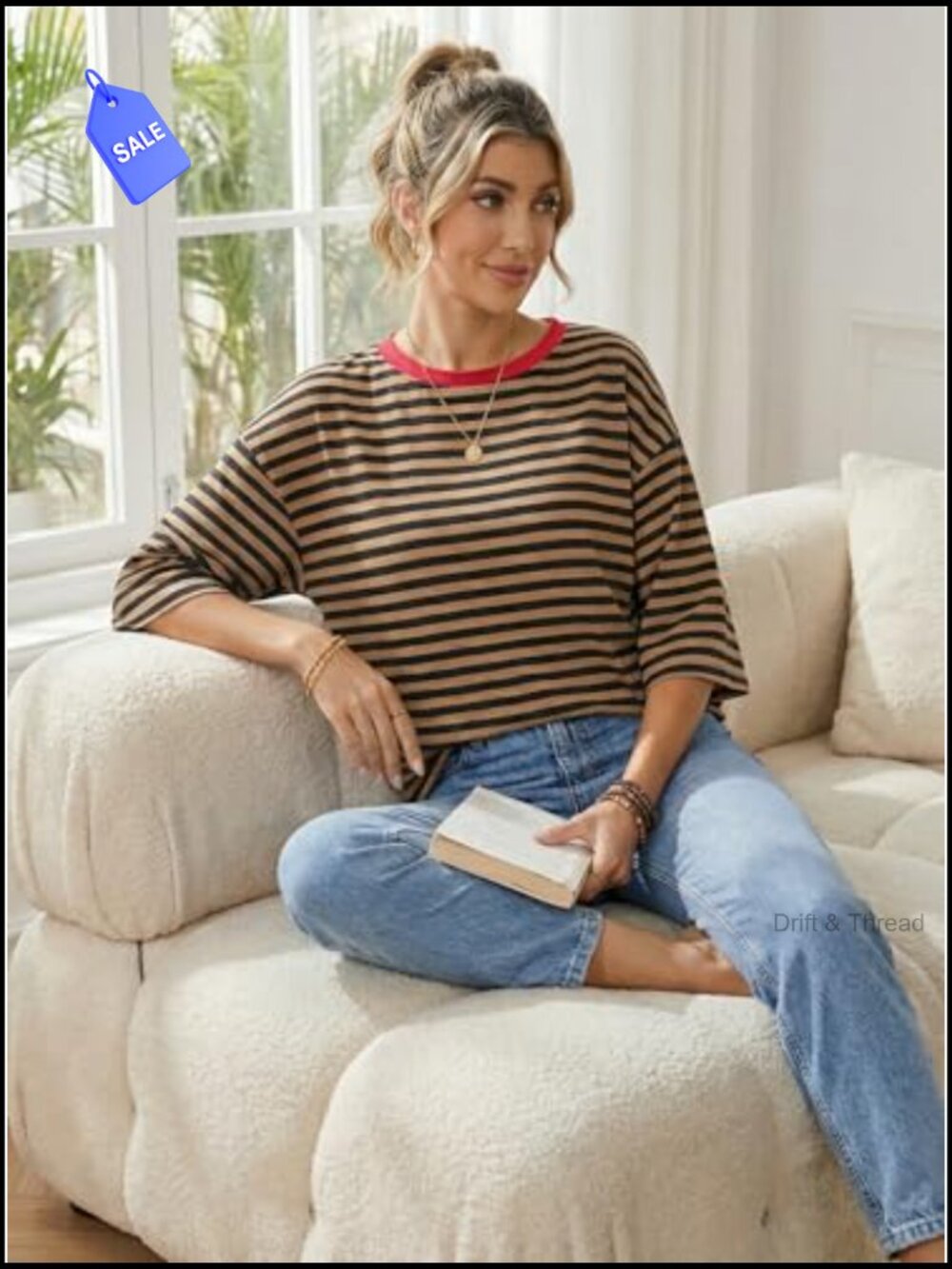 Striped Tie Back Short Sleeve T-Shirt Women Casual Loose Crewneck Summer Top - Picture 5 of 7